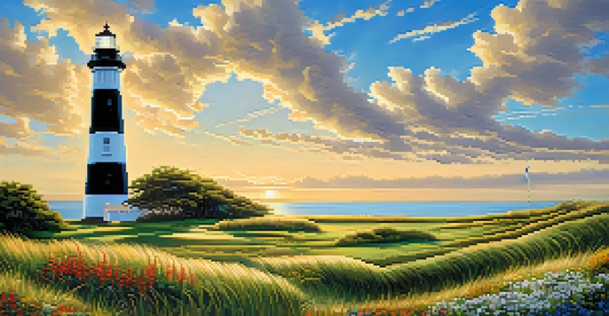 Cape Canaveral Lighthouse, a white and black spiral lighthouse surrounded by green grass and wildflowers under a blue sky with ocean waves in the background.