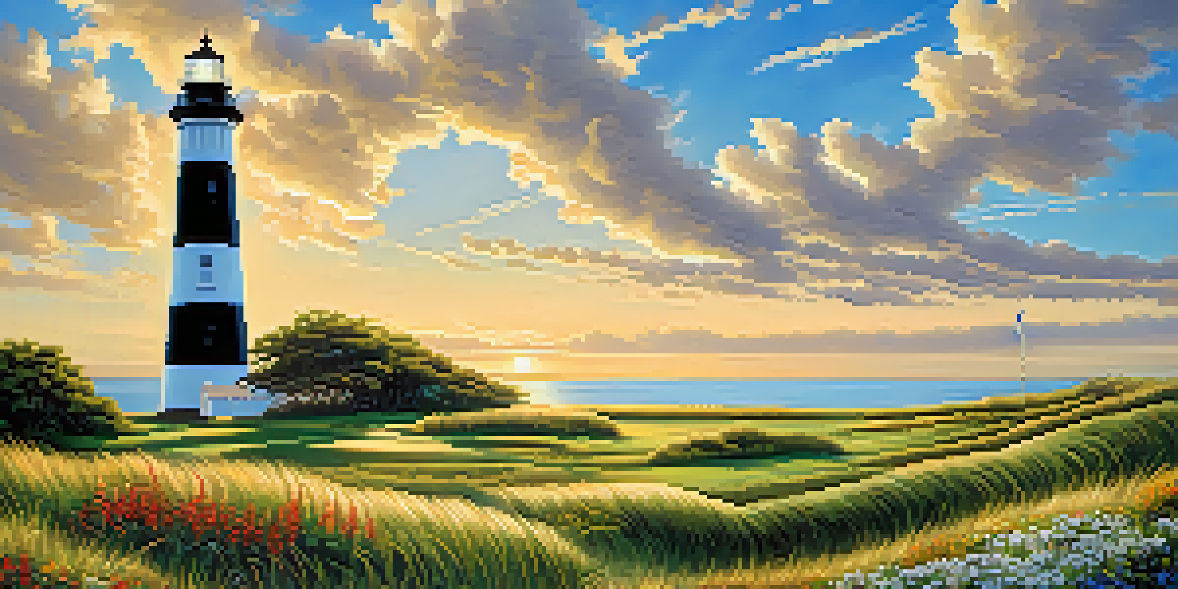Cape Canaveral Lighthouse, a white and black spiral lighthouse surrounded by green grass and wildflowers under a blue sky with ocean waves in the background.