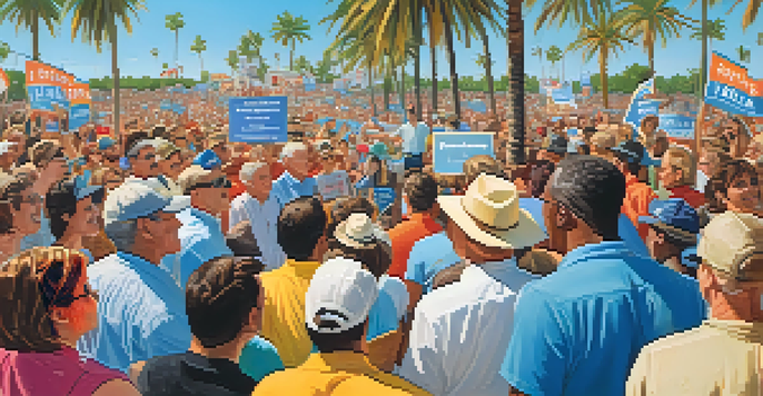 A lively political rally in Florida with a diverse crowd and a speaker on stage, surrounded by palm trees and a sunny sky.