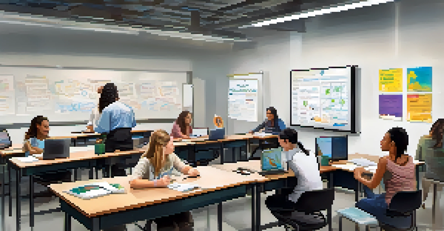 A diverse group of students in a vocational training classroom in Florida, engaged in learning with modern technology and an enthusiastic instructor.