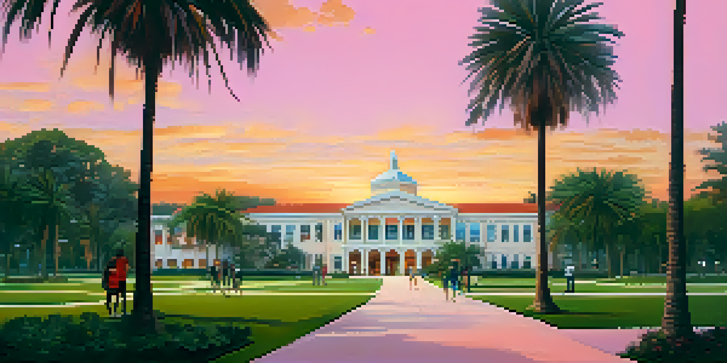 A Florida college campus at sunset, featuring palm trees and students walking along a pathway in a vibrant atmosphere.