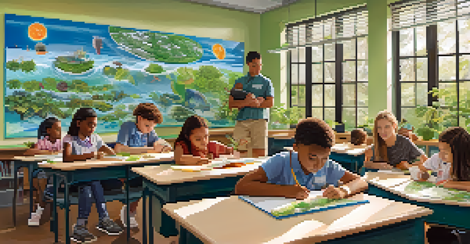 A vibrant classroom in Florida with diverse students engaging in an environmental science lesson, emphasizing the importance of education and collaboration.
