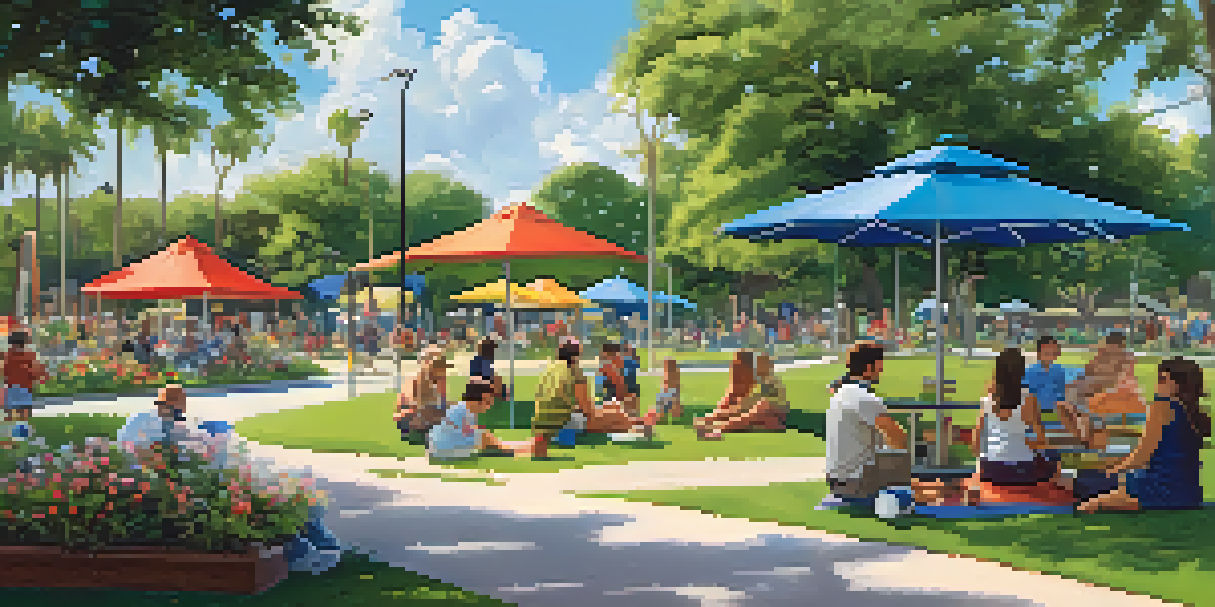 A sunny urban park in Florida filled with greenery, colorful flowers, and families enjoying the day.