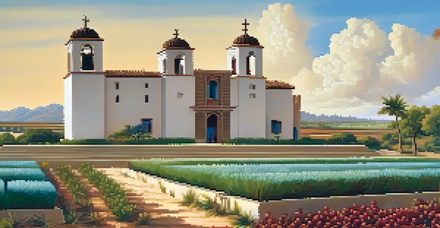 A Spanish mission in Florida with Indigenous peoples working in the fields, showcasing cultural exchange and vibrant agriculture.