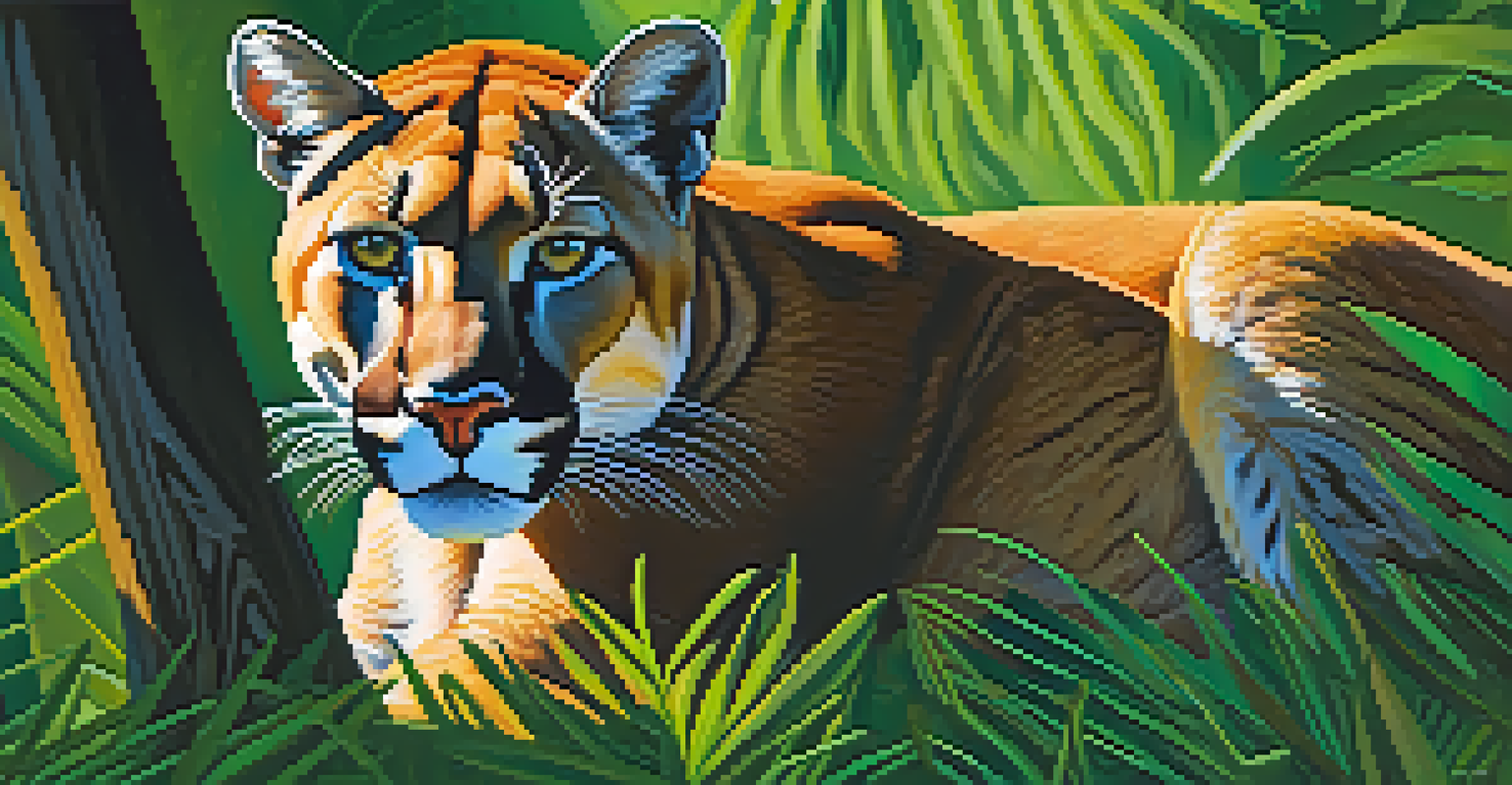 A Florida panther resting among green foliage in the Big Cypress National Preserve.