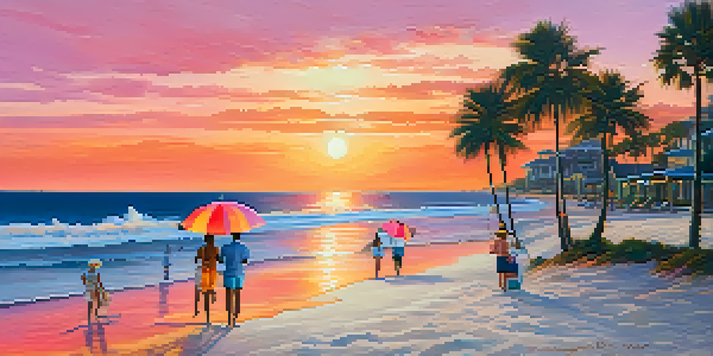 A beautiful Florida beach during sunset, showcasing orange and pink skies, palm trees, and beachgoers.