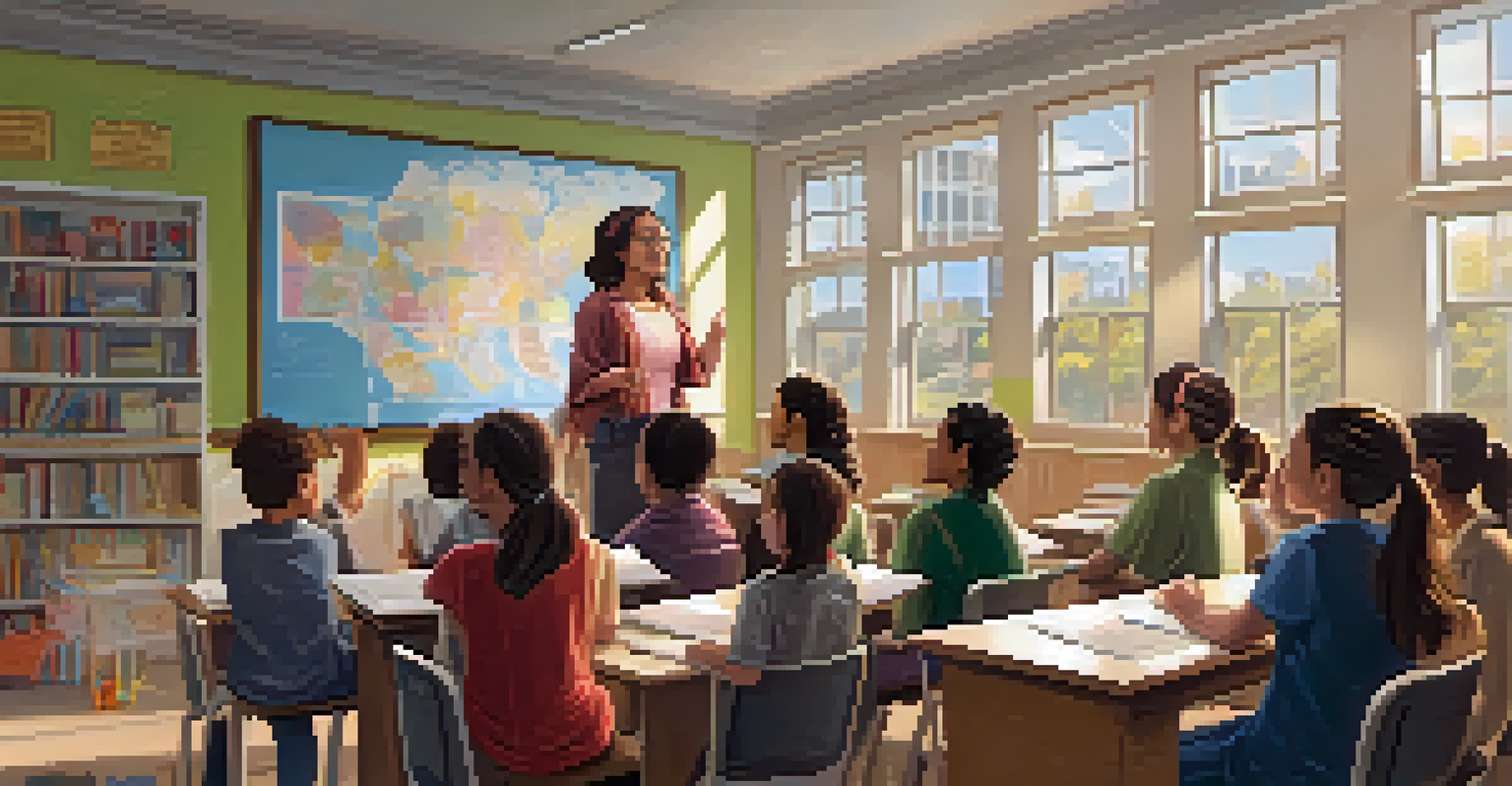 A classroom scene with a teacher discussing gender equality, surrounded by engaged students and educational posters.