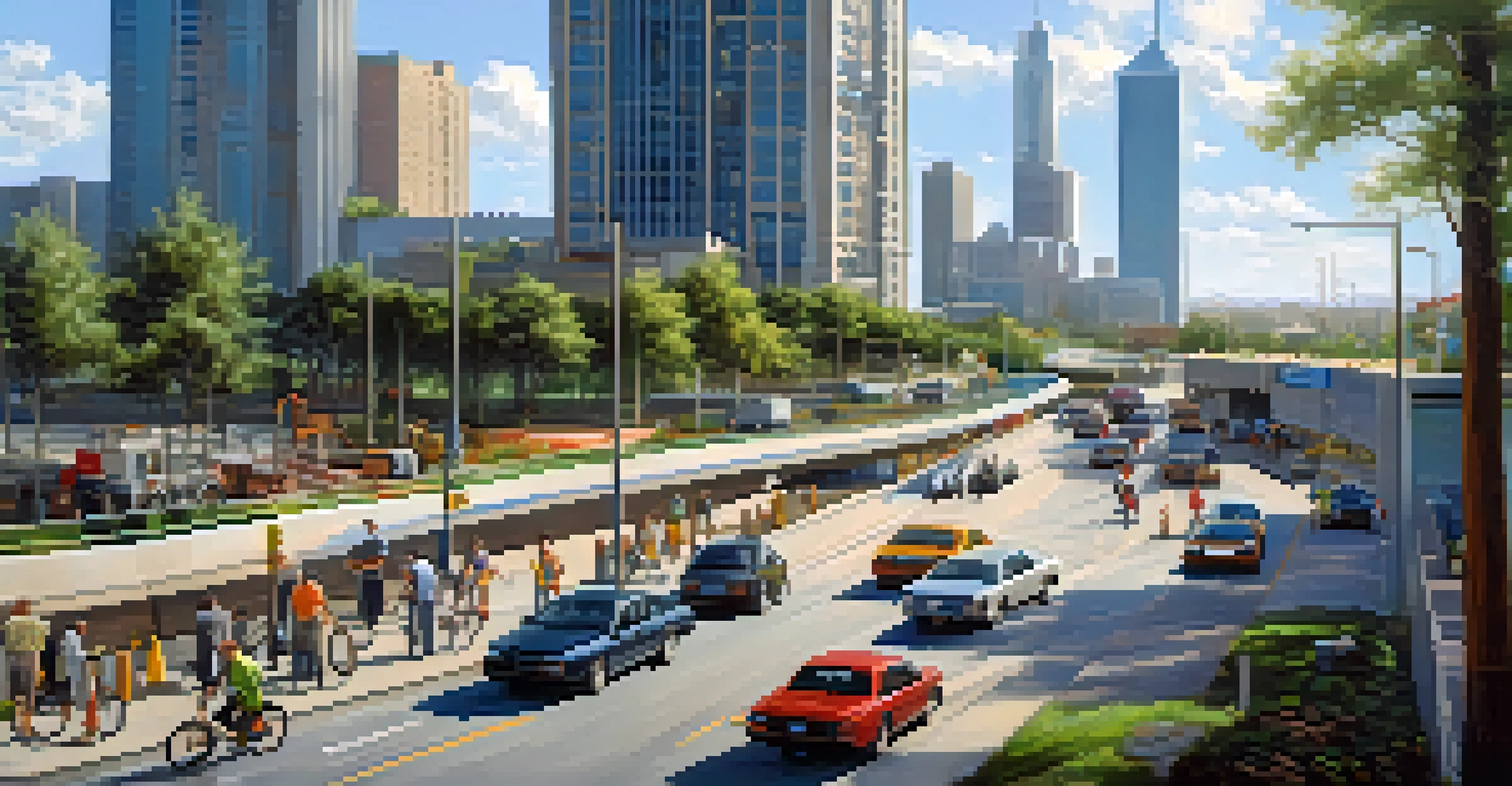A busy urban infrastructure scene in Florida showing a highway with vehicles and cyclists, surrounded by skyscrapers and construction workers.