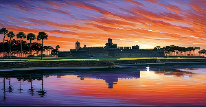 A sunset view of the Castillo de San Marcos with a colorful sky and palm trees in the foreground.