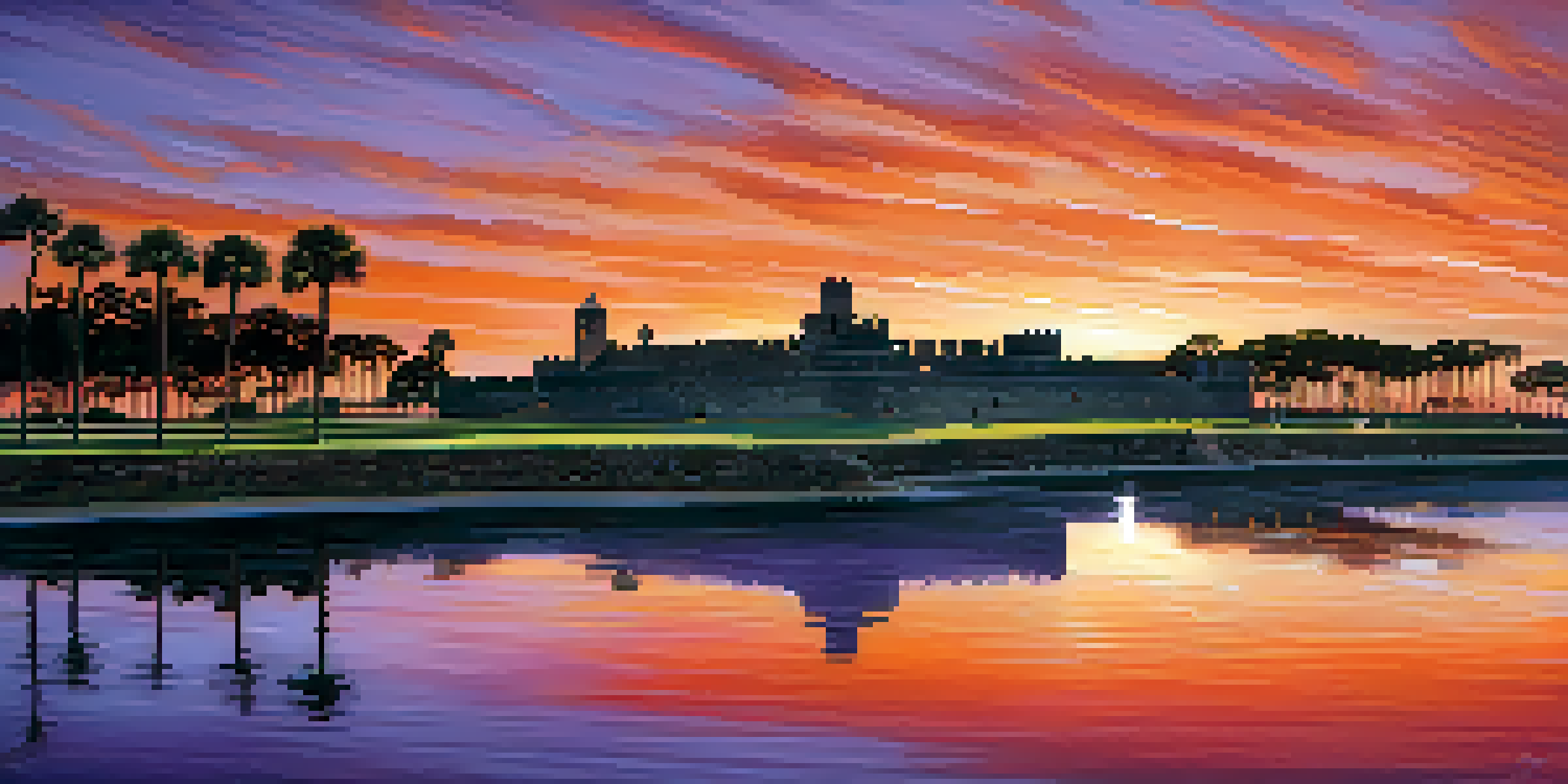 A sunset view of the Castillo de San Marcos with a colorful sky and palm trees in the foreground.
