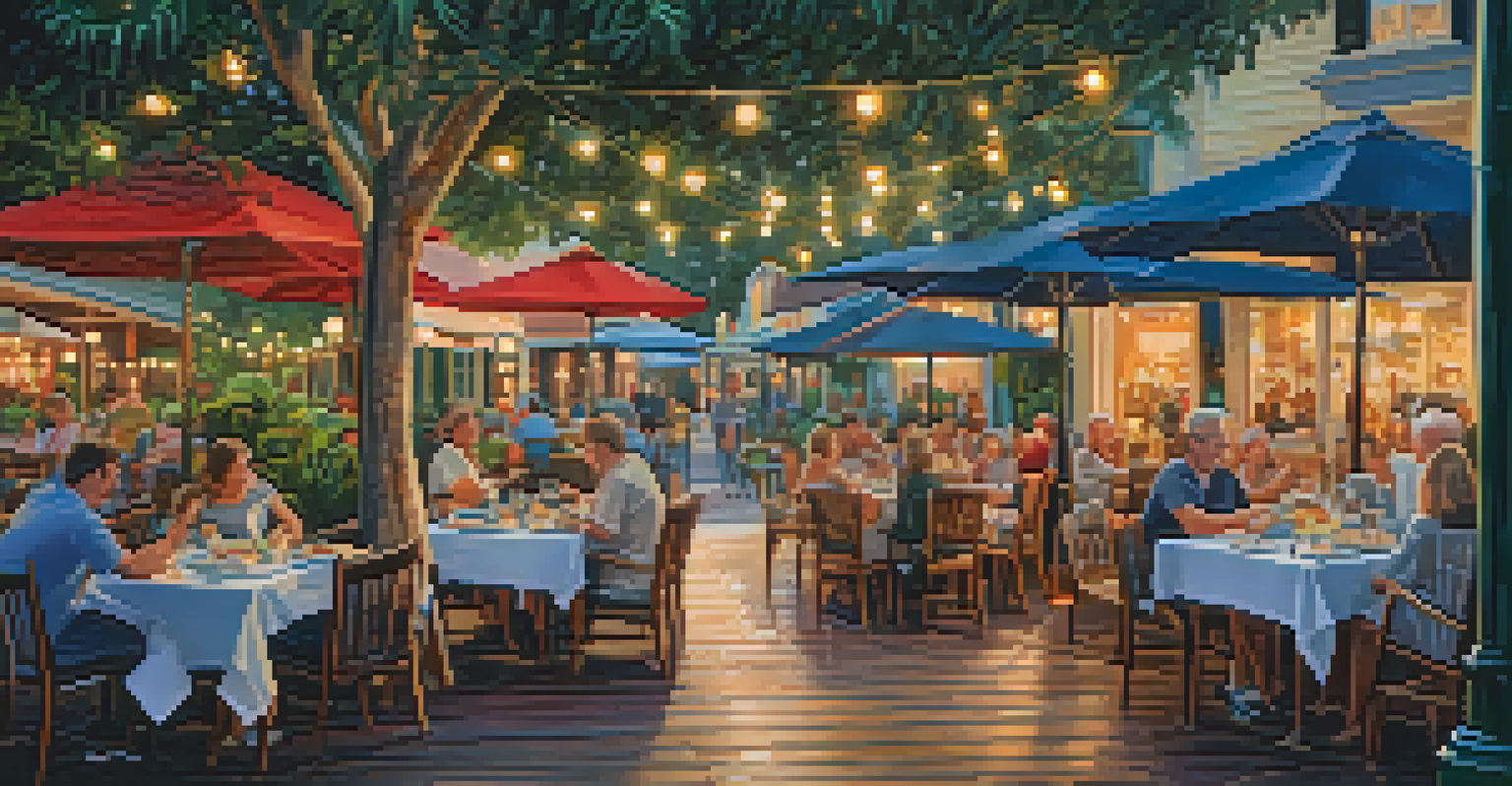 An outdoor dining setup at a restaurant in Mount Dora, Florida, with colorful dishes and string lights in a lush setting.