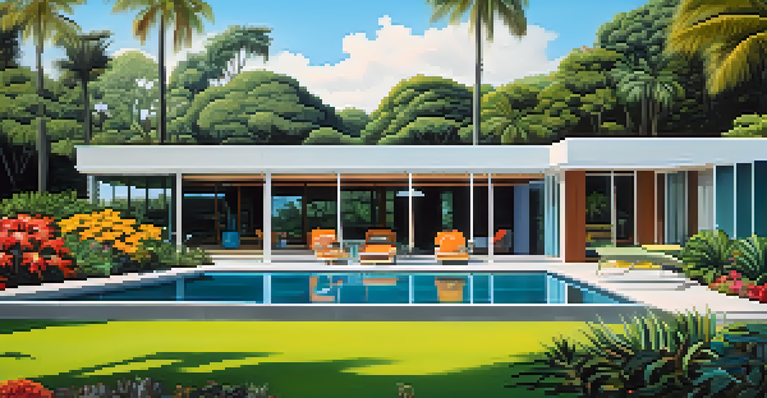 Aerial view of a restored Mid-Century Modern home with tropical vegetation, featuring a swimming pool and vibrant flowers.