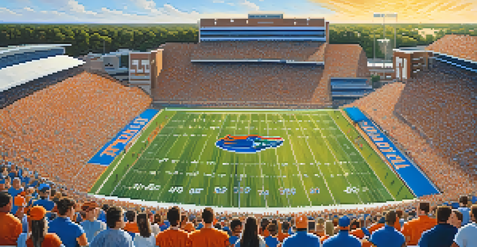 A lively college football game at the University of Florida, with fans cheering and players in action under a clear blue sky.