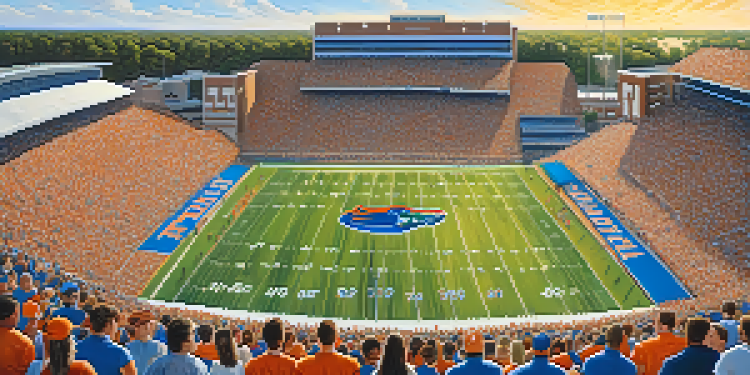A lively college football game at the University of Florida, with fans cheering and players in action under a clear blue sky.