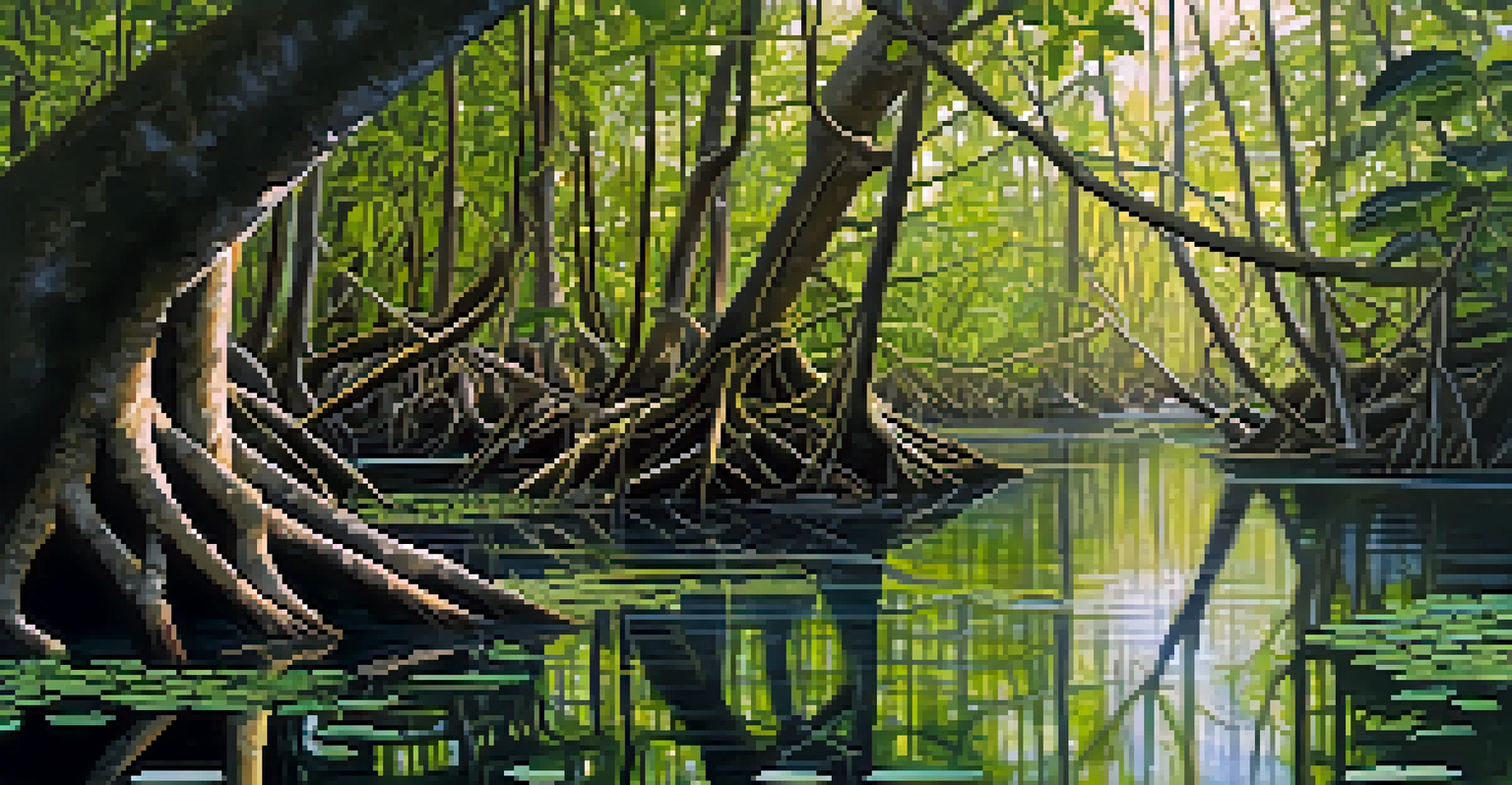 A close-up view of a mangrove forest in Florida, highlighting its roots and clear water.