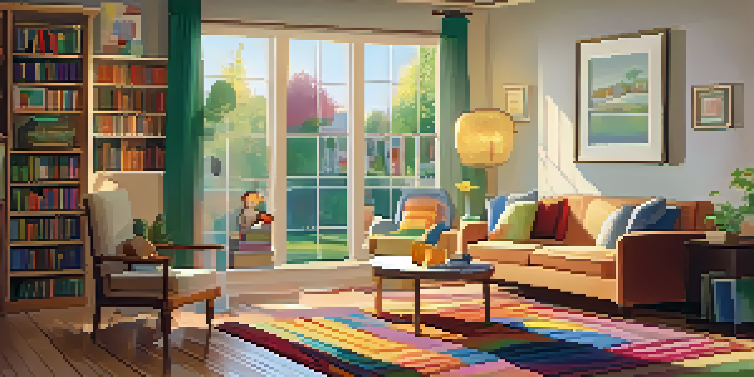 A cozy living room with a sofa, children's books on a shelf, and a sunny window.