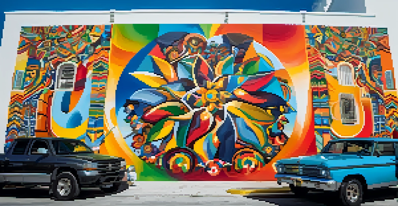 A colorful mural in Wynwood, Miami, depicting Hispanic cultural themes with people admiring the artwork.