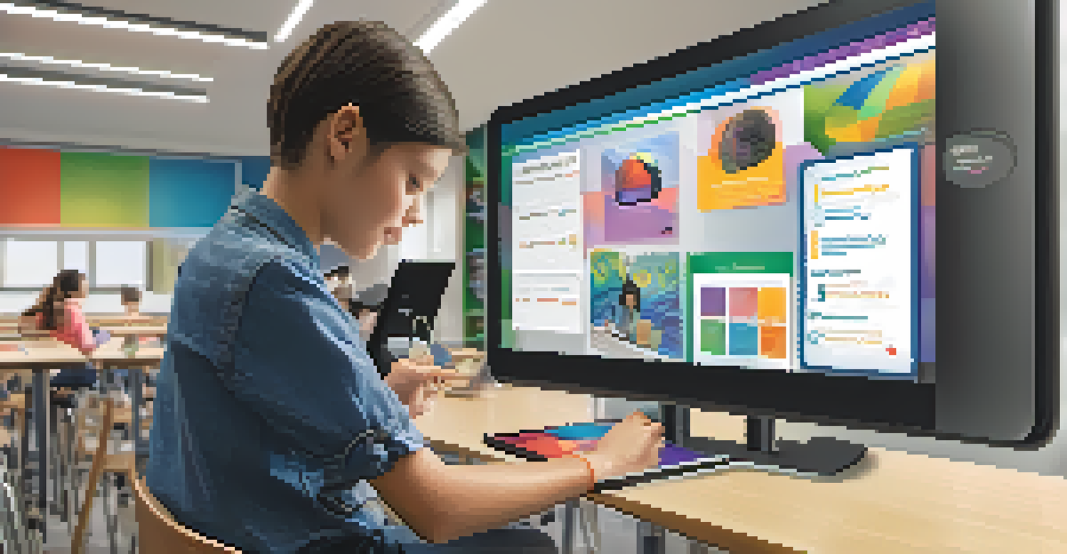 A student using a tablet in a modern classroom, with interactive digital resources on the screen and colorful educational materials around.
