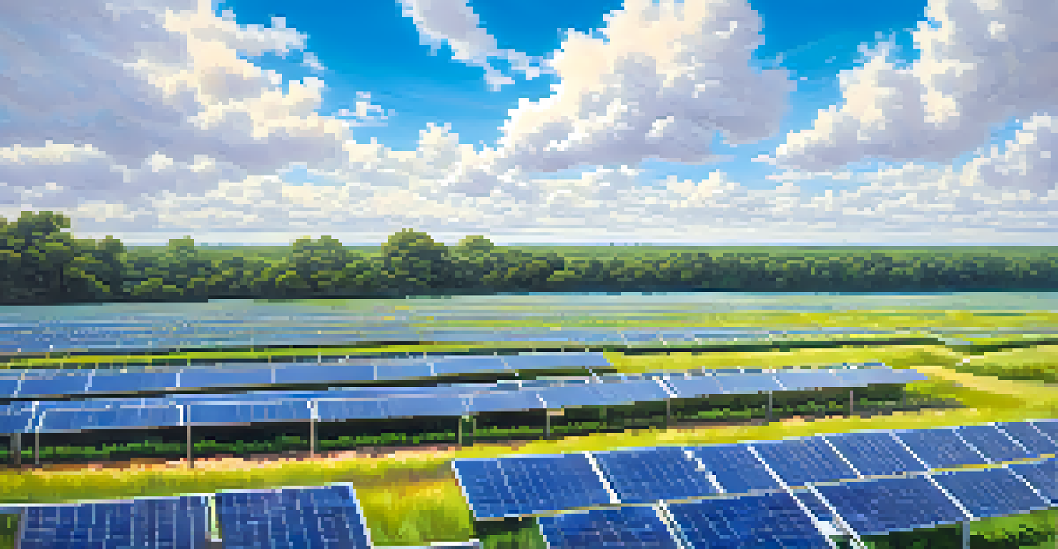 A sunny landscape with solar farms in Florida, showcasing rows of solar panels and lush greenery under a bright blue sky.