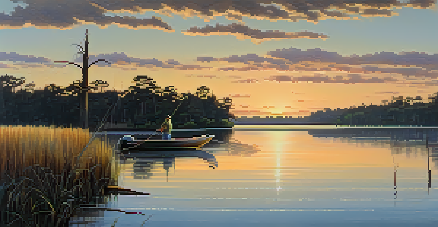 A fisherman casts a line into the St. Johns River at sunset, surrounded by cypress trees and marshland.