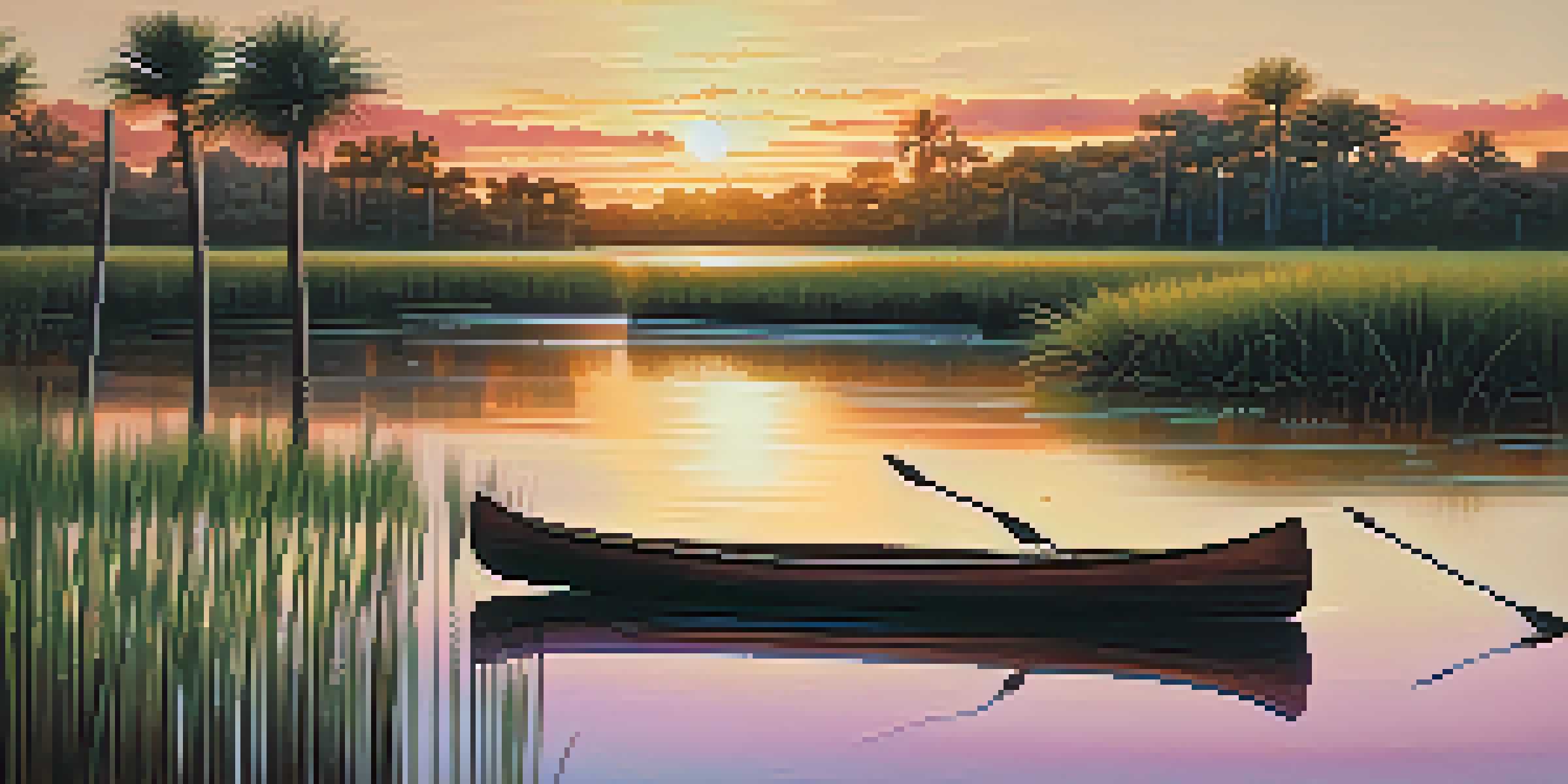 A peaceful view of Florida wetlands at sunset, featuring green reeds and a Seminole-style canoe by the water's edge.
