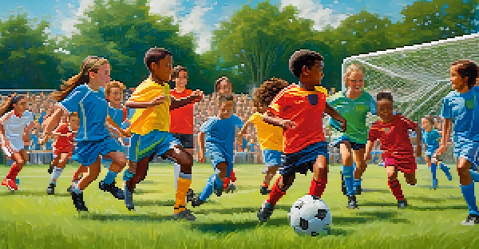 A lively soccer game featuring children of various ethnic backgrounds playing under a clear blue sky in Florida.