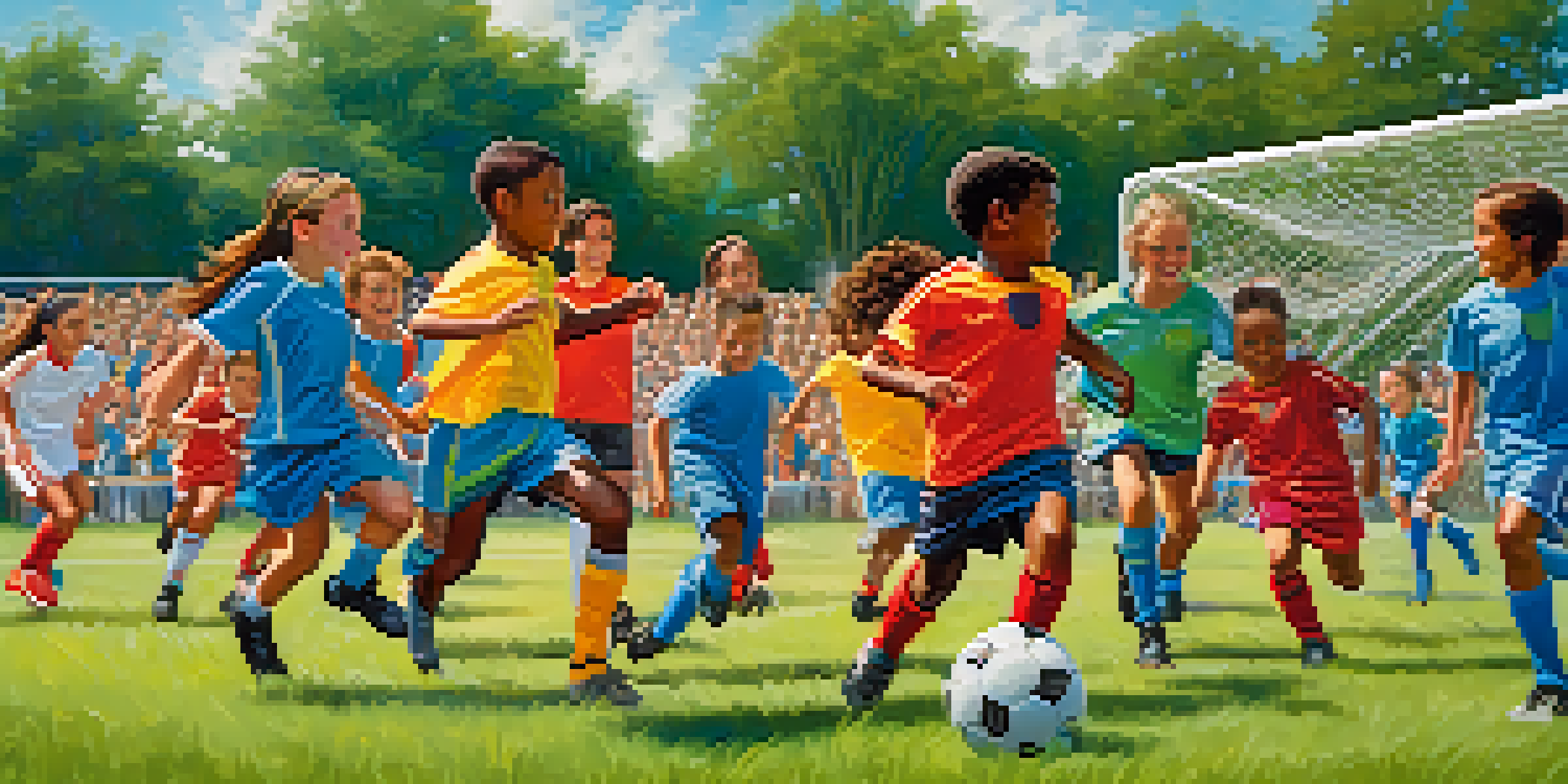 A lively soccer game featuring children of various ethnic backgrounds playing under a clear blue sky in Florida.