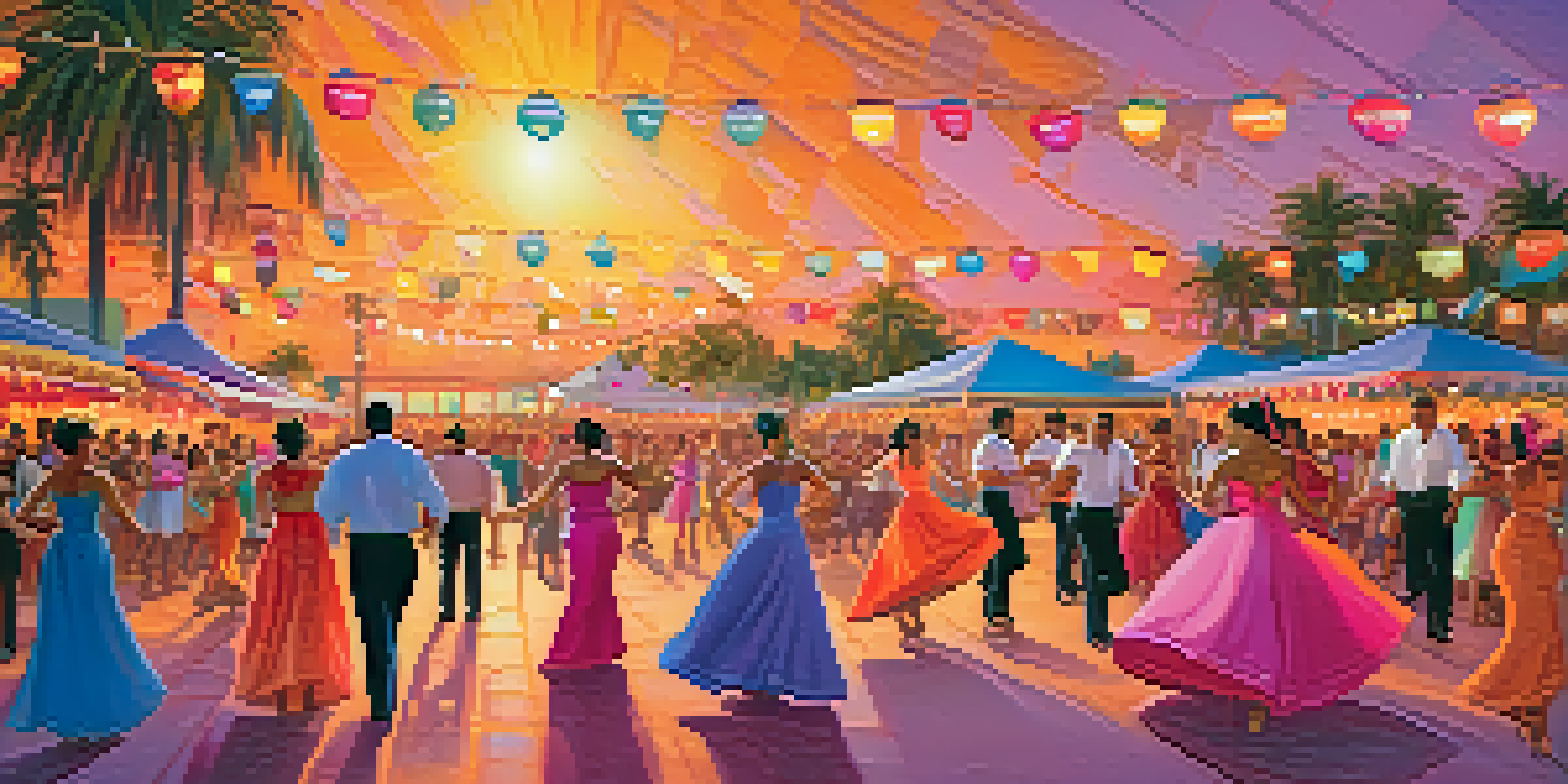 A lively Latin dance festival with dancers in colorful costumes, set against a sunset sky and festival stalls.
