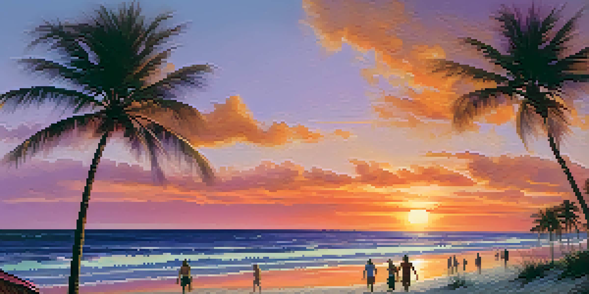 A beautiful sunset over a Florida beach with palm trees and people enjoying the scenery.
