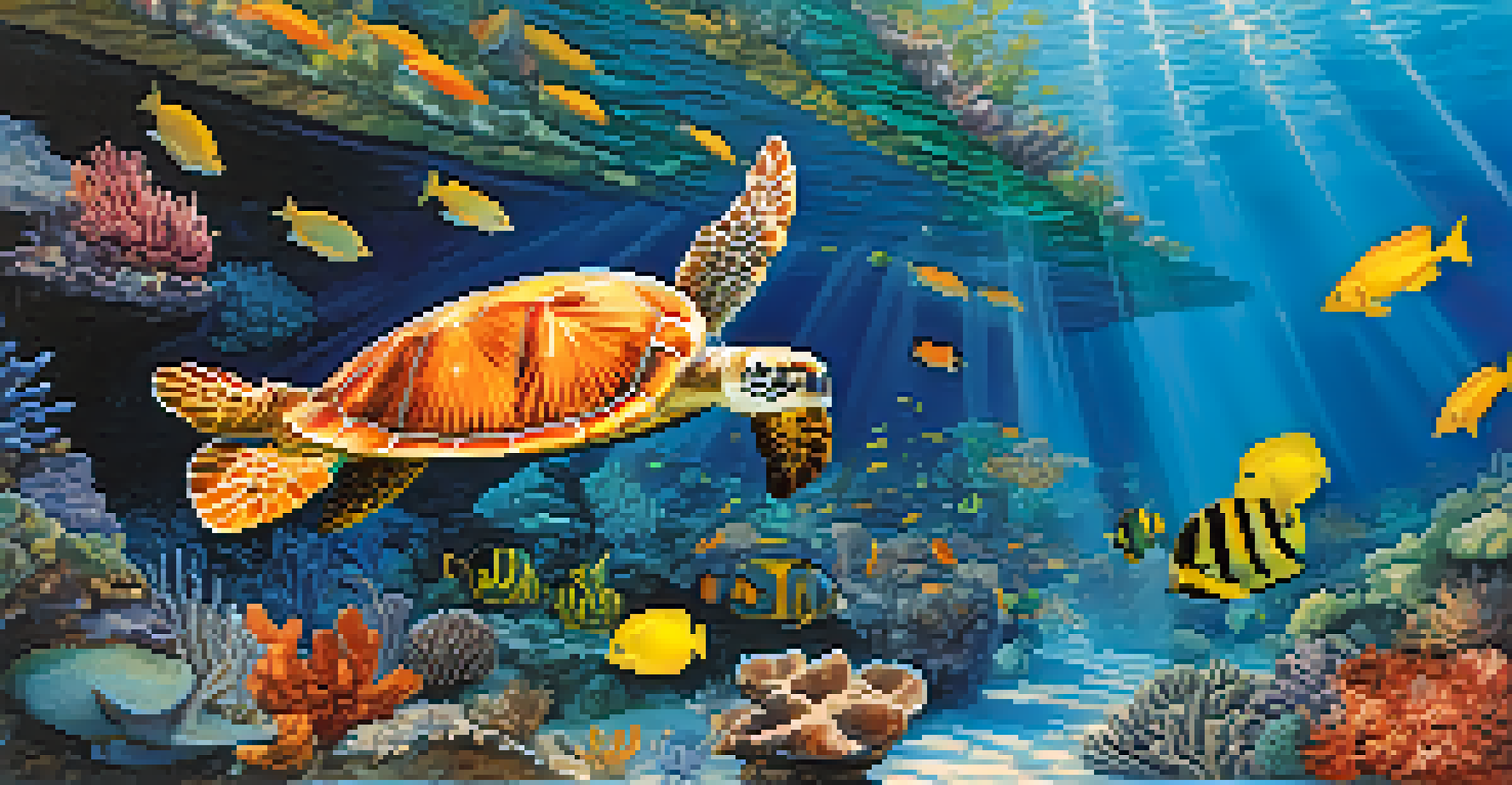 An underwater coral reef in the Florida Keys, filled with colorful fish and a sea turtle.
