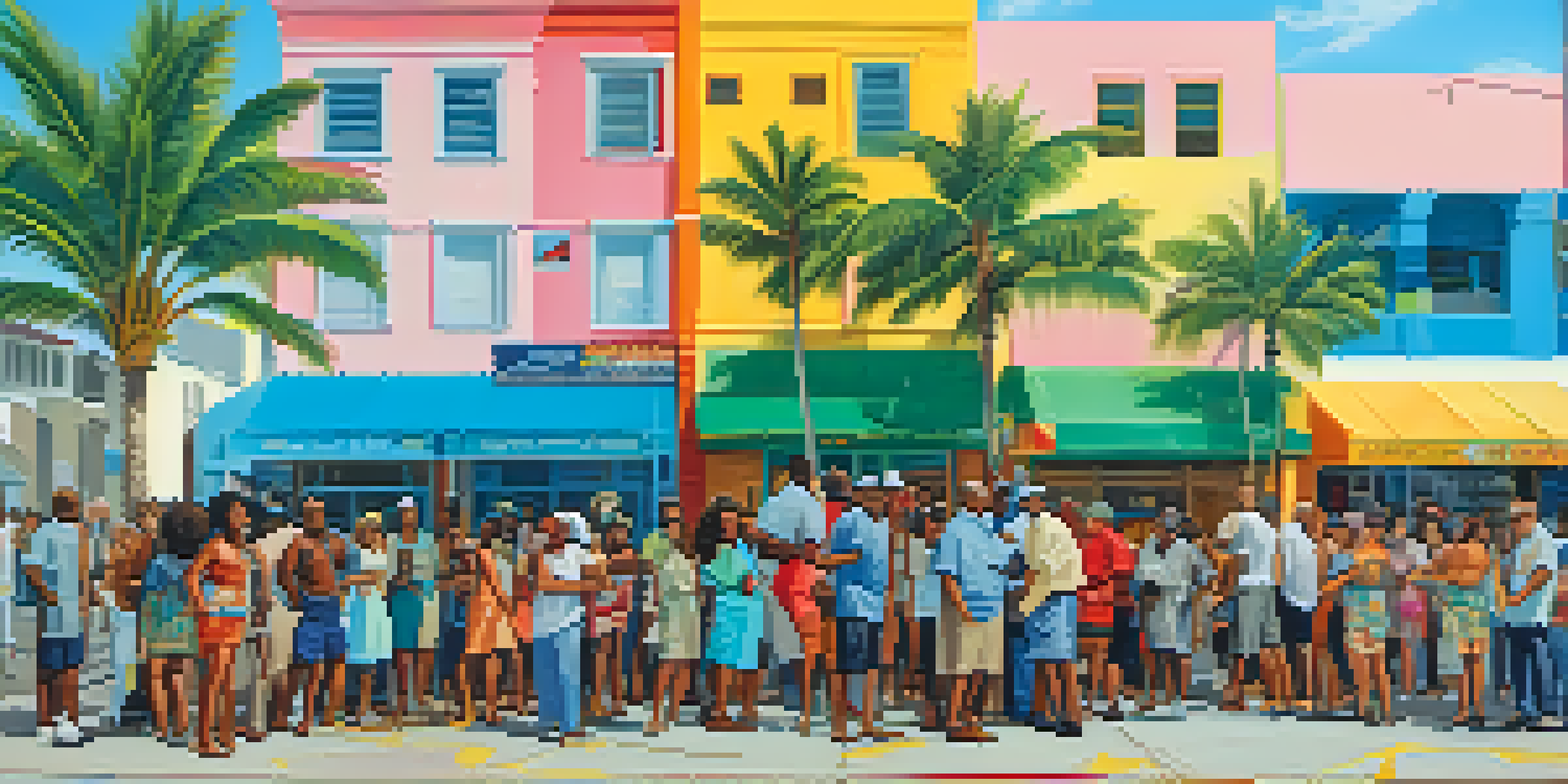 A lively community discussion in Miami with diverse individuals surrounded by colorful murals and palm trees.