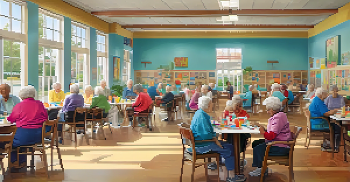 A lively community center where seniors are participating in activities such as painting, playing games, and exercising, with plenty of natural light and colorful decorations.