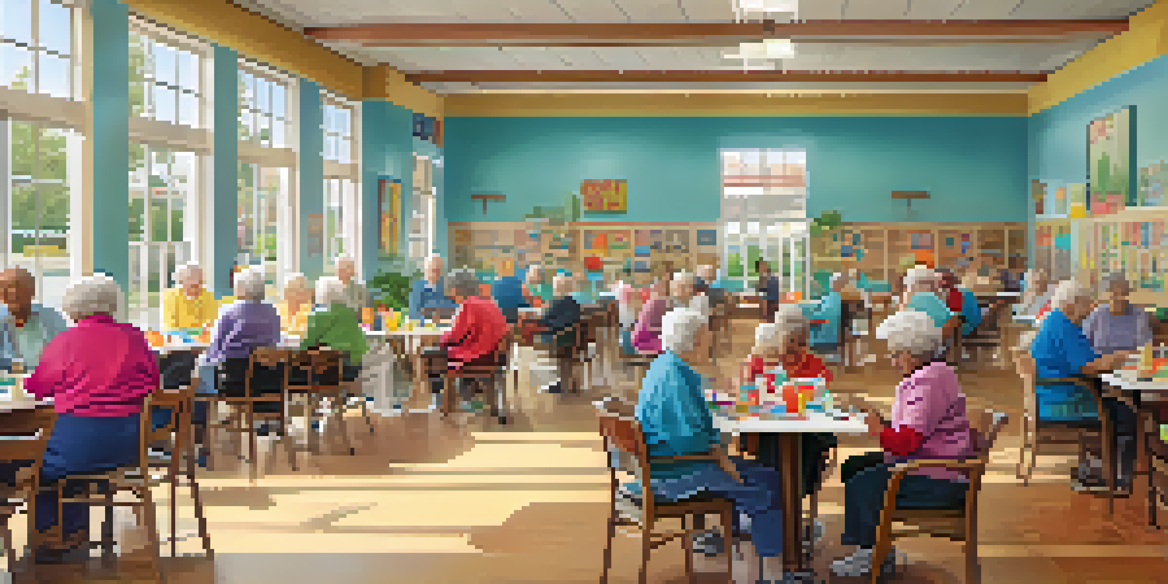 A lively community center where seniors are participating in activities such as painting, playing games, and exercising, with plenty of natural light and colorful decorations.