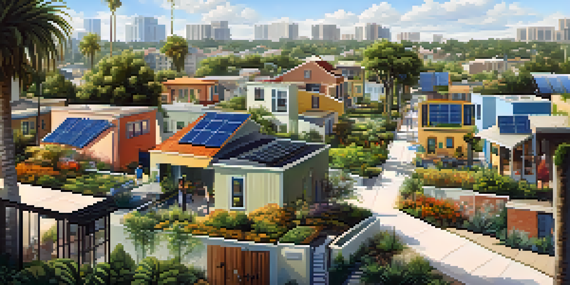 An urban neighborhood in Florida with eco-friendly homes, solar panels, and green gardens under a sunny sky.