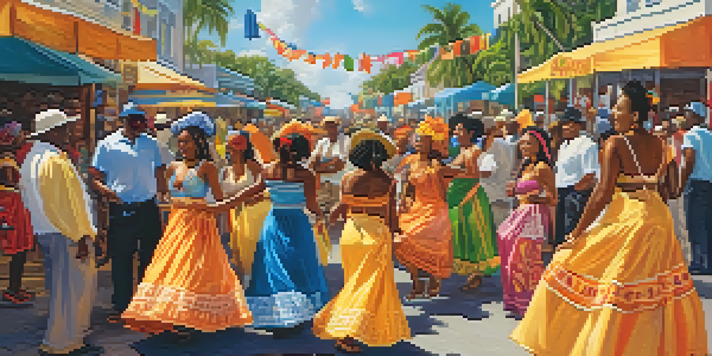 A lively street festival in Florida with people in colorful costumes, food stalls, and warm sunset lighting.