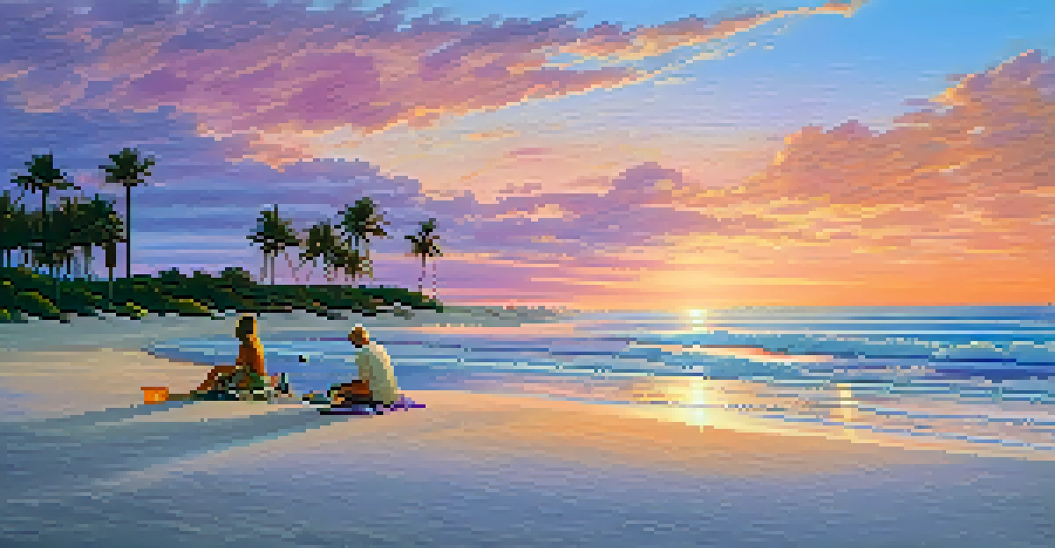 An artist painting a sunset on the beach in Florida, with vibrant colors in the sky and gentle waves in the foreground.