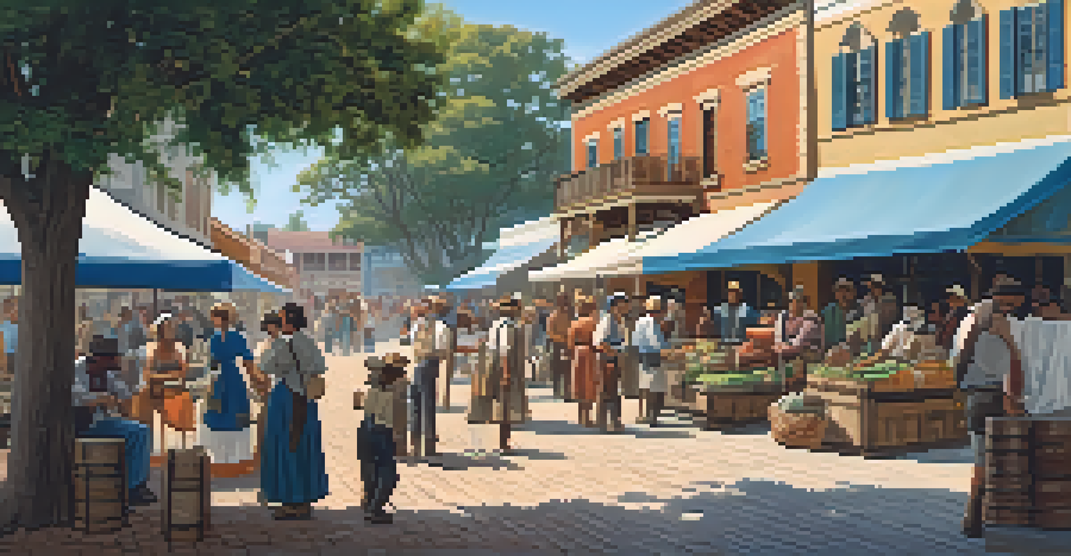 A lively early 19th-century Florida town square with diverse settlers interacting around a marketplace.
