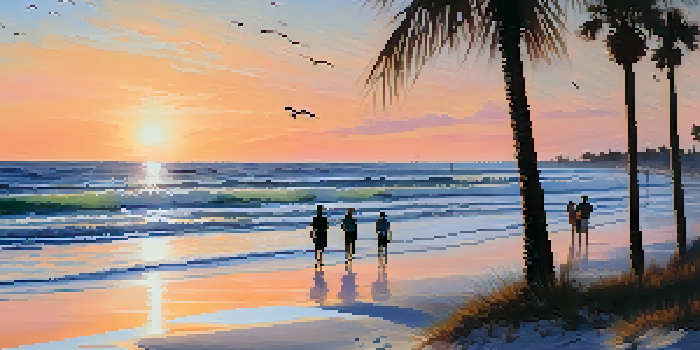 A tranquil Florida beach at sunrise with palm trees, eco-tourists walking, and calm waves.