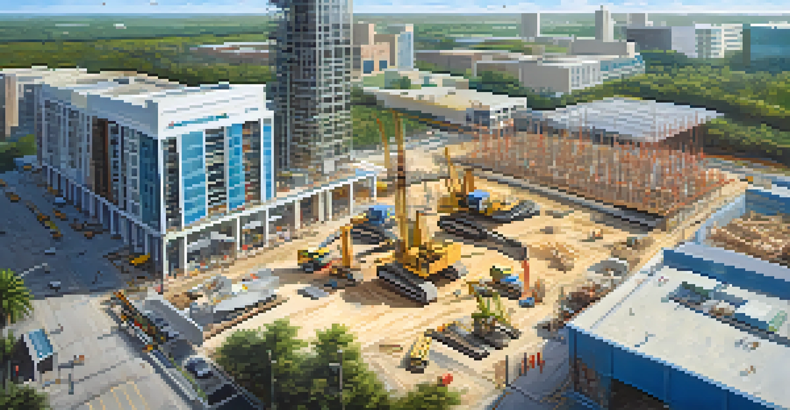 Aerial view of a busy construction site with cranes and workers in Florida.