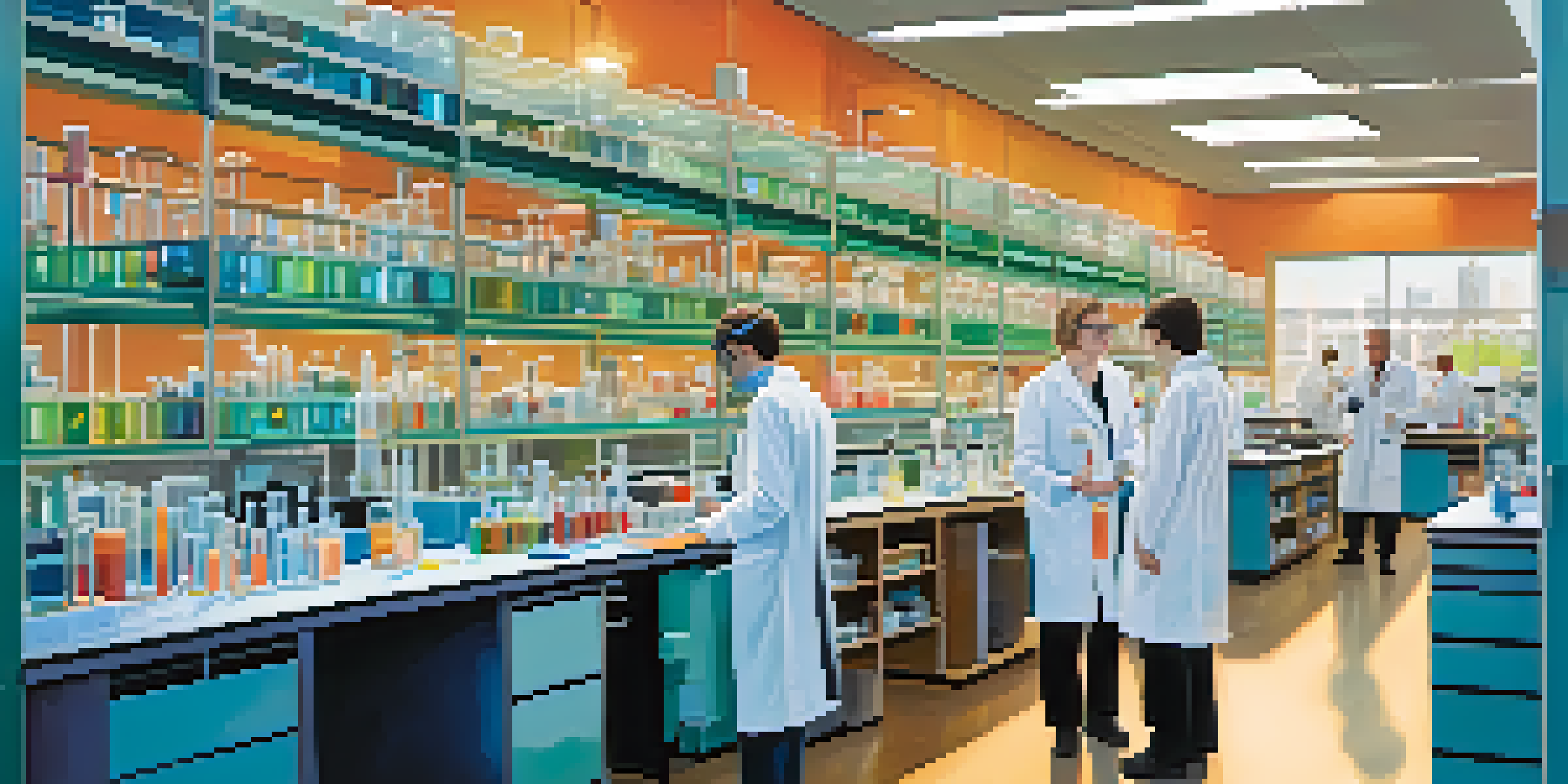 A lively laboratory with researchers in lab coats engaging with colorful test tubes and advanced equipment, illuminated by natural light.