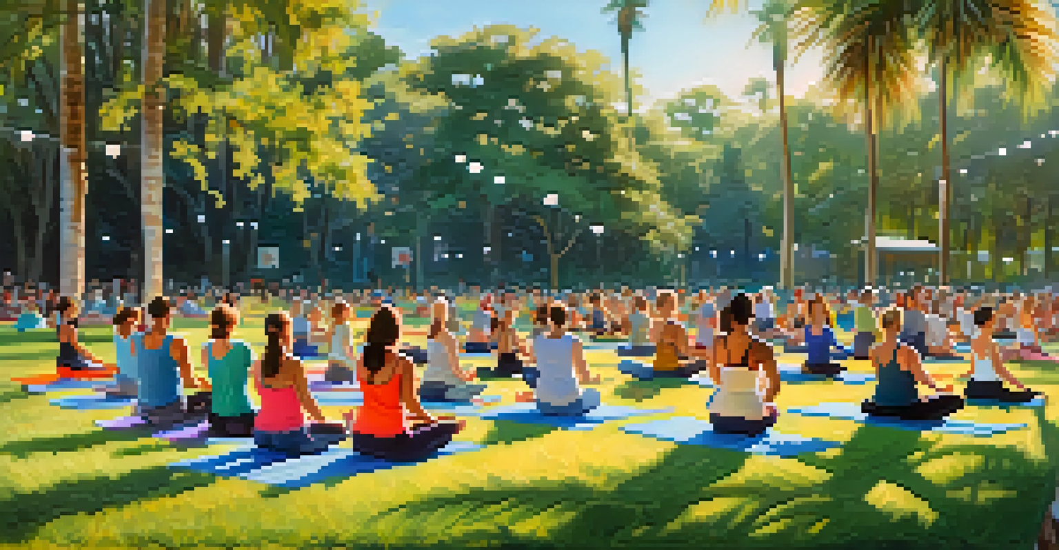 A group of people practicing yoga in a park, surrounded by green grass and trees, under a clear blue sky.