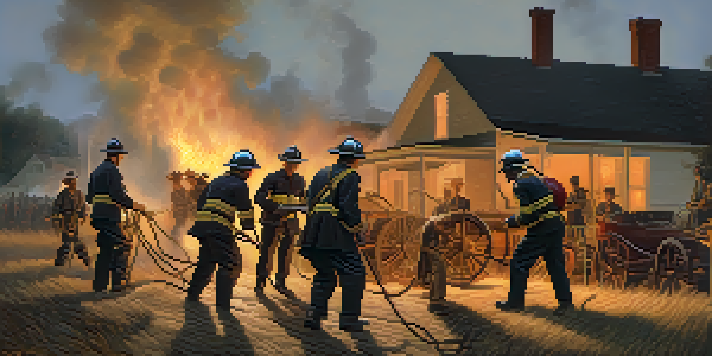 A group of diverse early volunteer firefighters in historical clothing, working together to fight a small fire in a rural Florida setting, with wooden houses and smoke in the background.