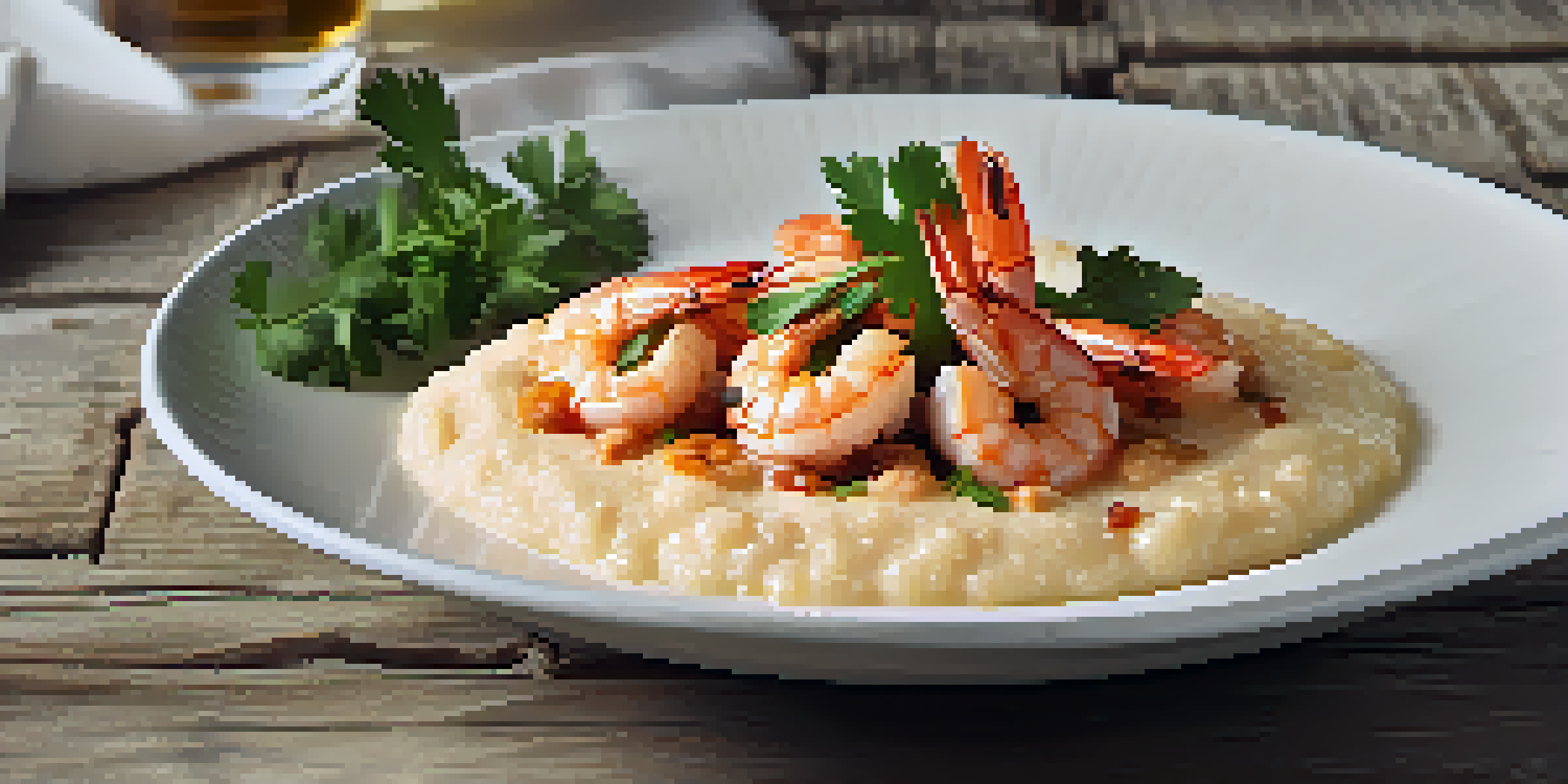 A plate of shrimp and grits with grilled shrimp and cilantro on a wooden table.