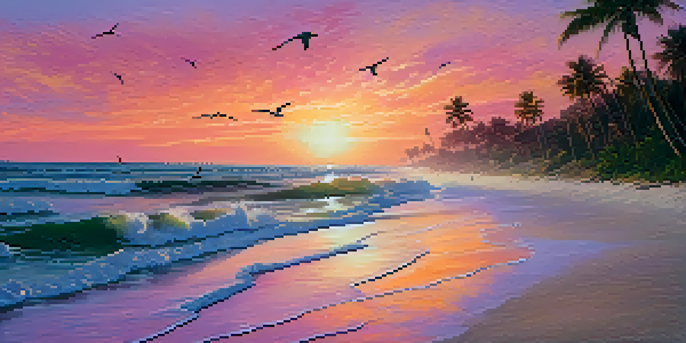 A stunning sunset over a beach in Florida, with palm trees and gentle waves, painted in vibrant colors.