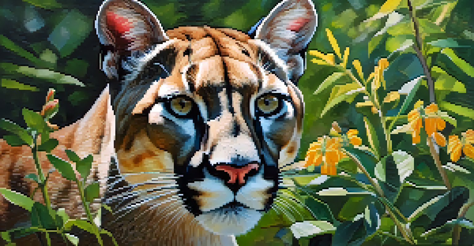 Close-up portrait of a Florida panther among dense foliage and wildflowers, illuminated by dappled sunlight.