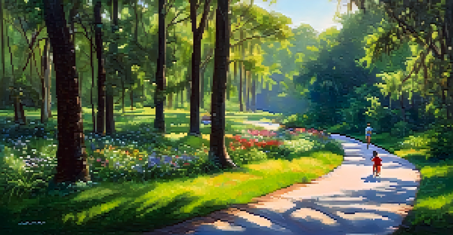 A vibrant Florida state park path with green foliage, wildflowers, and people enjoying outdoor activities in the morning light.