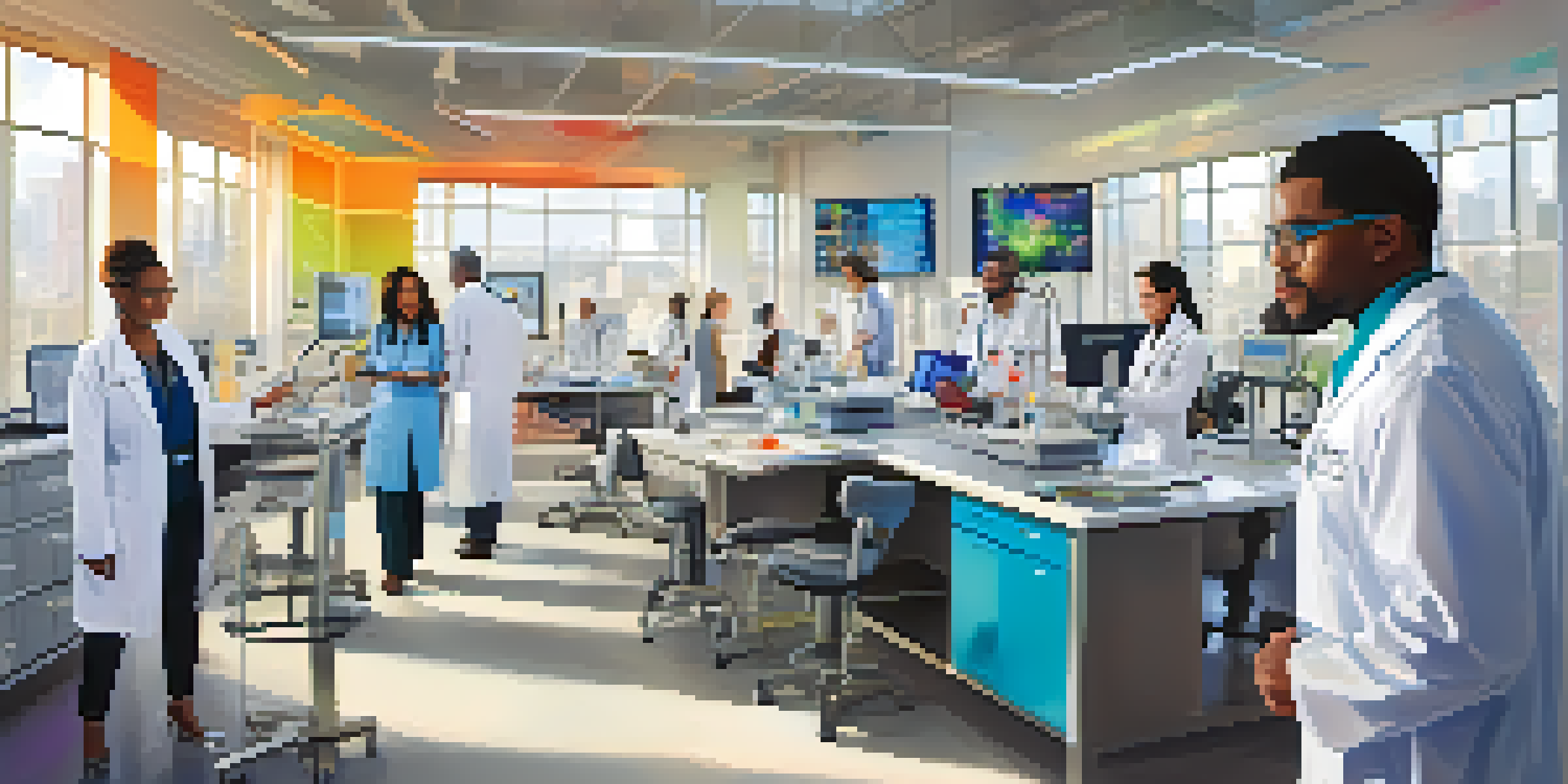 A diverse group of healthcare professionals working together in a modern research lab, discussing ideas and surrounded by advanced technology.