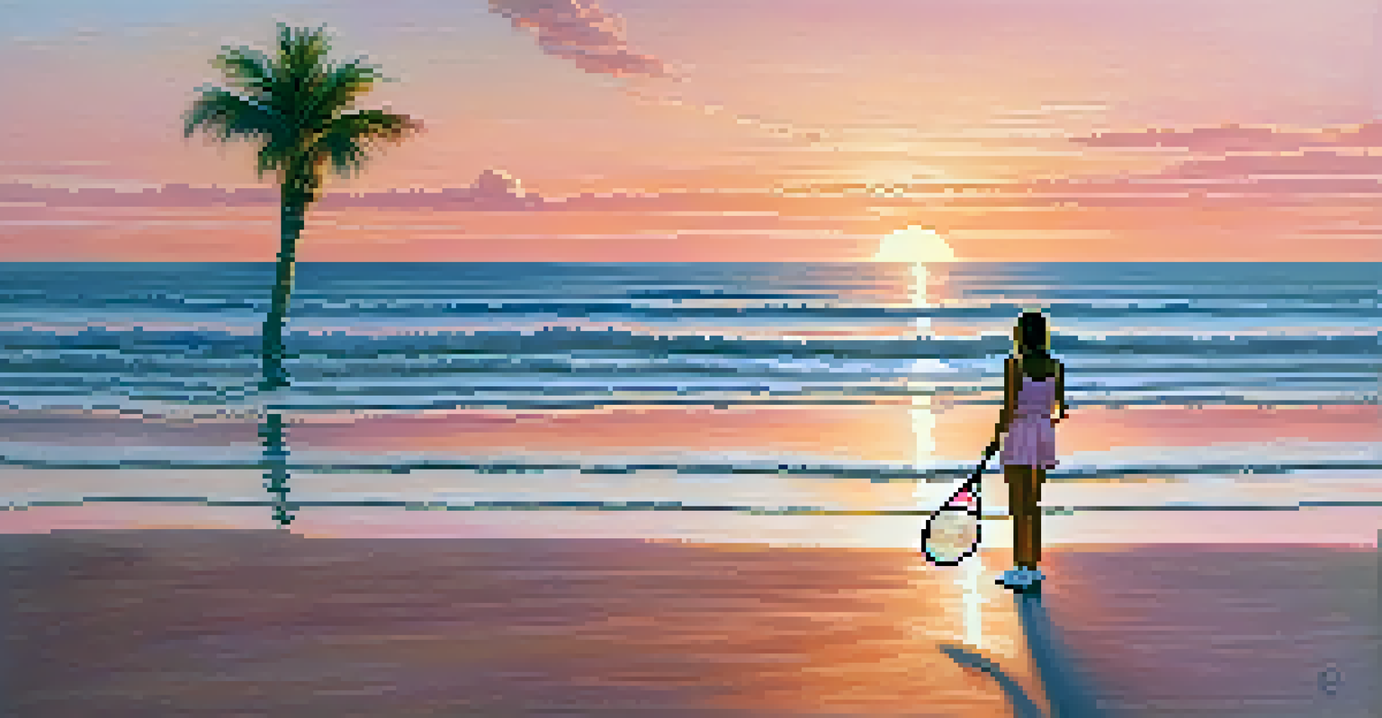 A young girl practicing tennis on a beach court at sunset, with palm trees and ocean waves in the background.