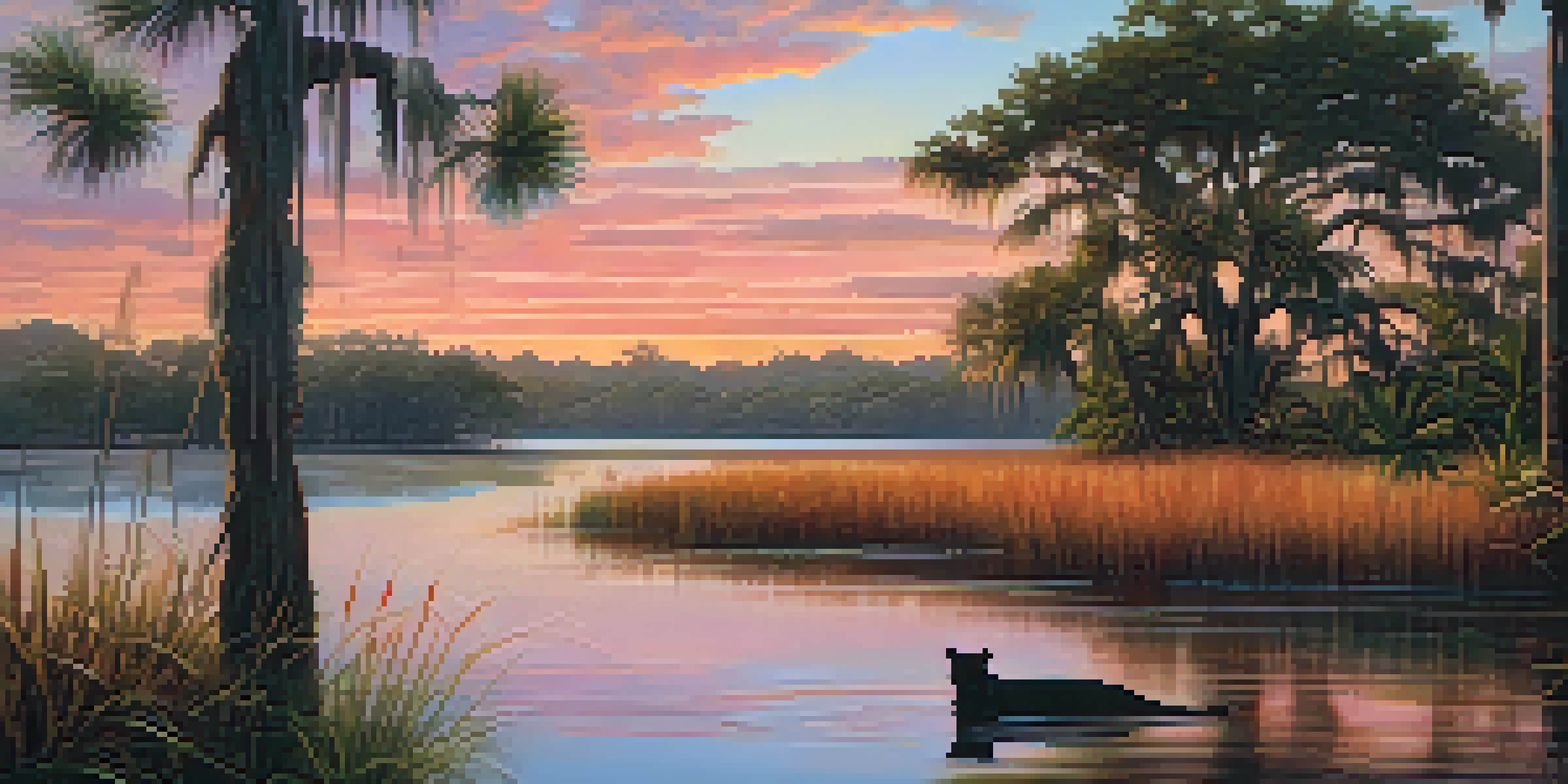 A beautiful Florida wetland at sunset with colorful reflections, native plants, manatees swimming, and a Florida panther silhouette.