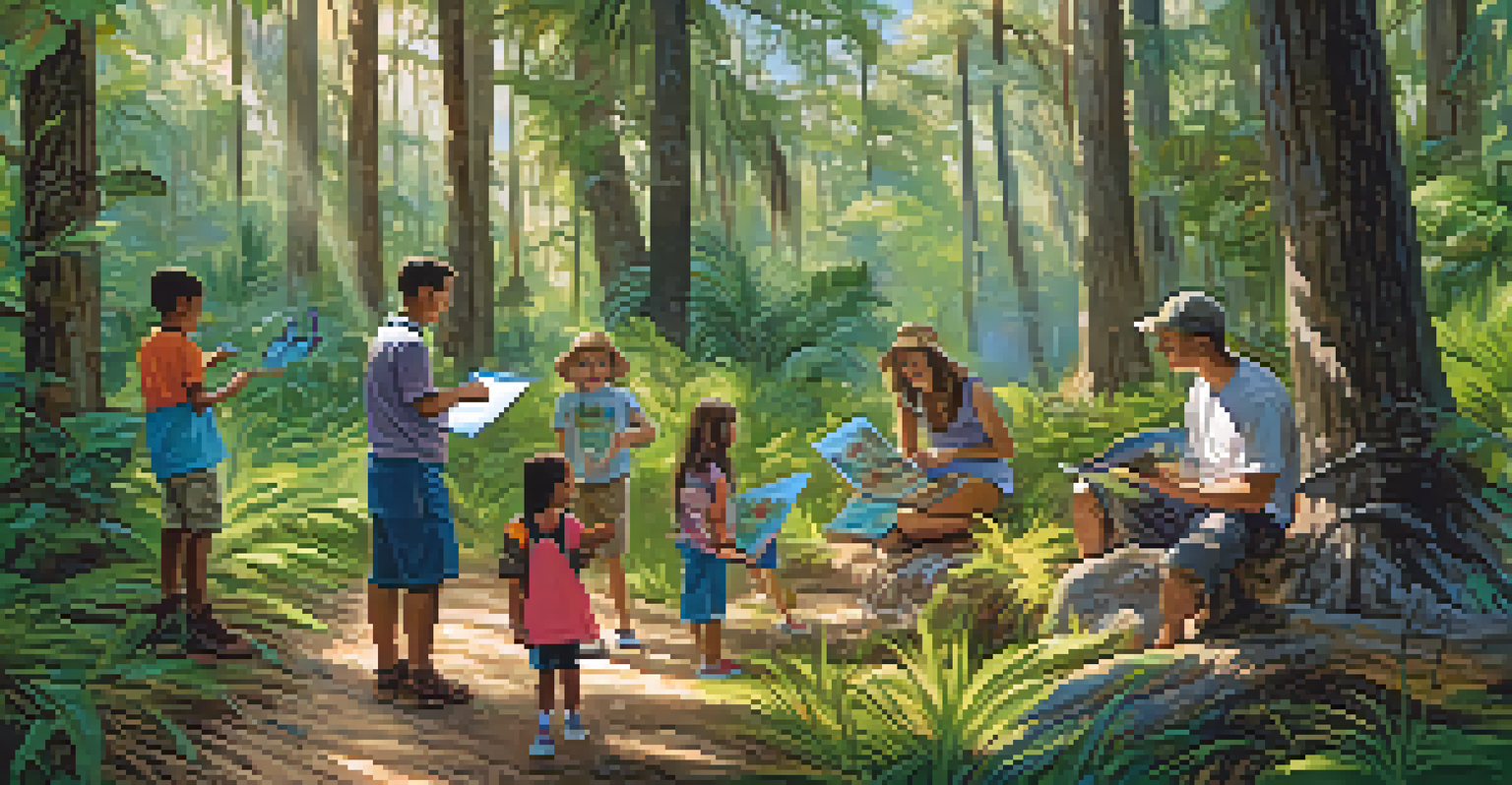 A family enjoying a scavenger hunt in a Florida forest, surrounded by educational materials and vibrant nature.